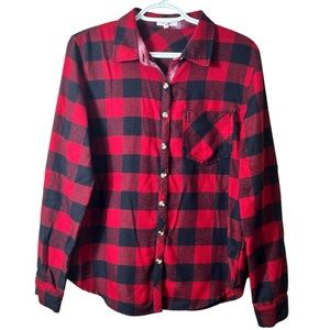 Maurices Red Black Checkered Buffalo Plaid Button Down Shirt Size Small Holiday